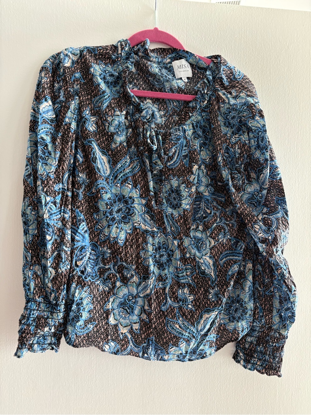 Misa Los Angeles Blue Floral Smocked-Neck Long Sleeve Blouse